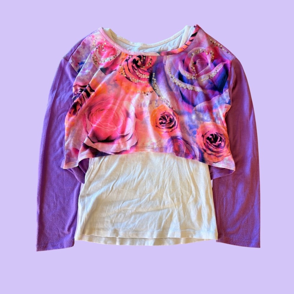 Y2K Justice Floral Sequin Layered Long Sleeve Top Fairy Coquette #17